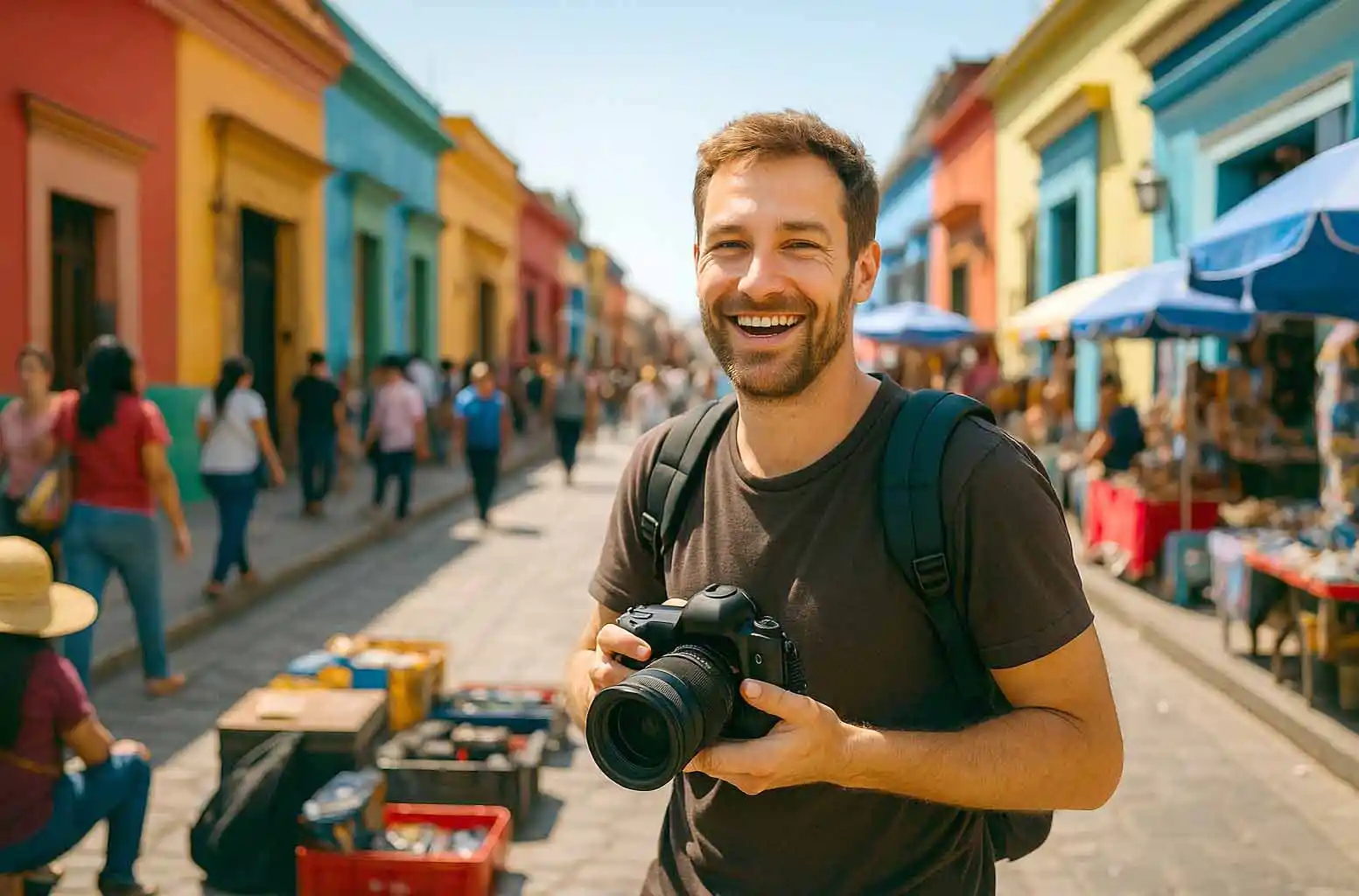 Fotograf steht mit Kamera in einer farbenfrohen Stra&szlig;e auf einem Markt und beobachtet seine Umgebung &ndash; Reisen als Quelle f&uuml;r Inspiration und gesch&auml;rften Blick
