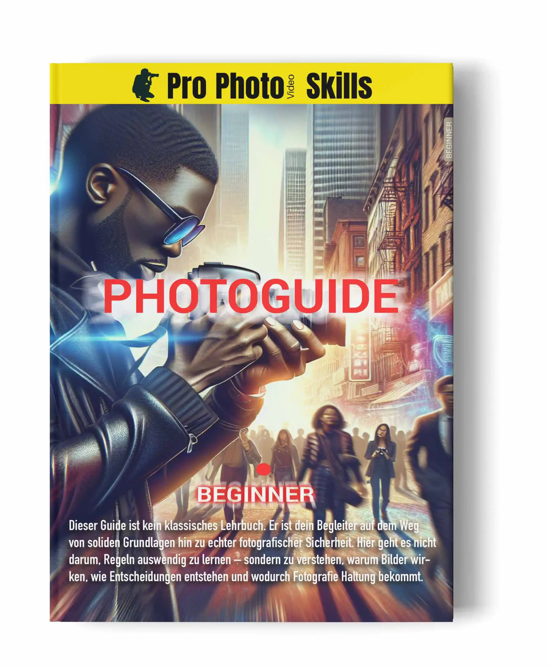 Kostenloser Photoguide für Einsteiger von ProPhotoSkills als Buch Mockup mit Fokus auf Fotografie Grundlagen
