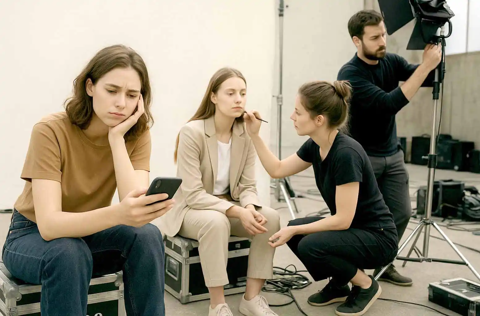 Das zweite oder dritte Model sitzt wartend herum