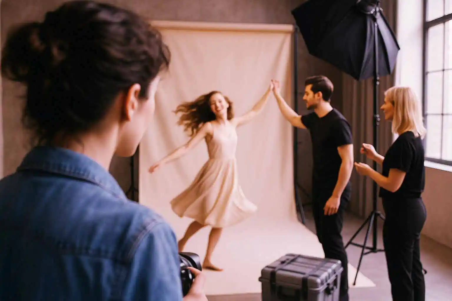 Fotograf und Team arbeiten gemeinsam im Studio während ein Model in Bewegung fotografiert wird, als Beispiel für Teamarbeit, Kommunikation und Energie am Set