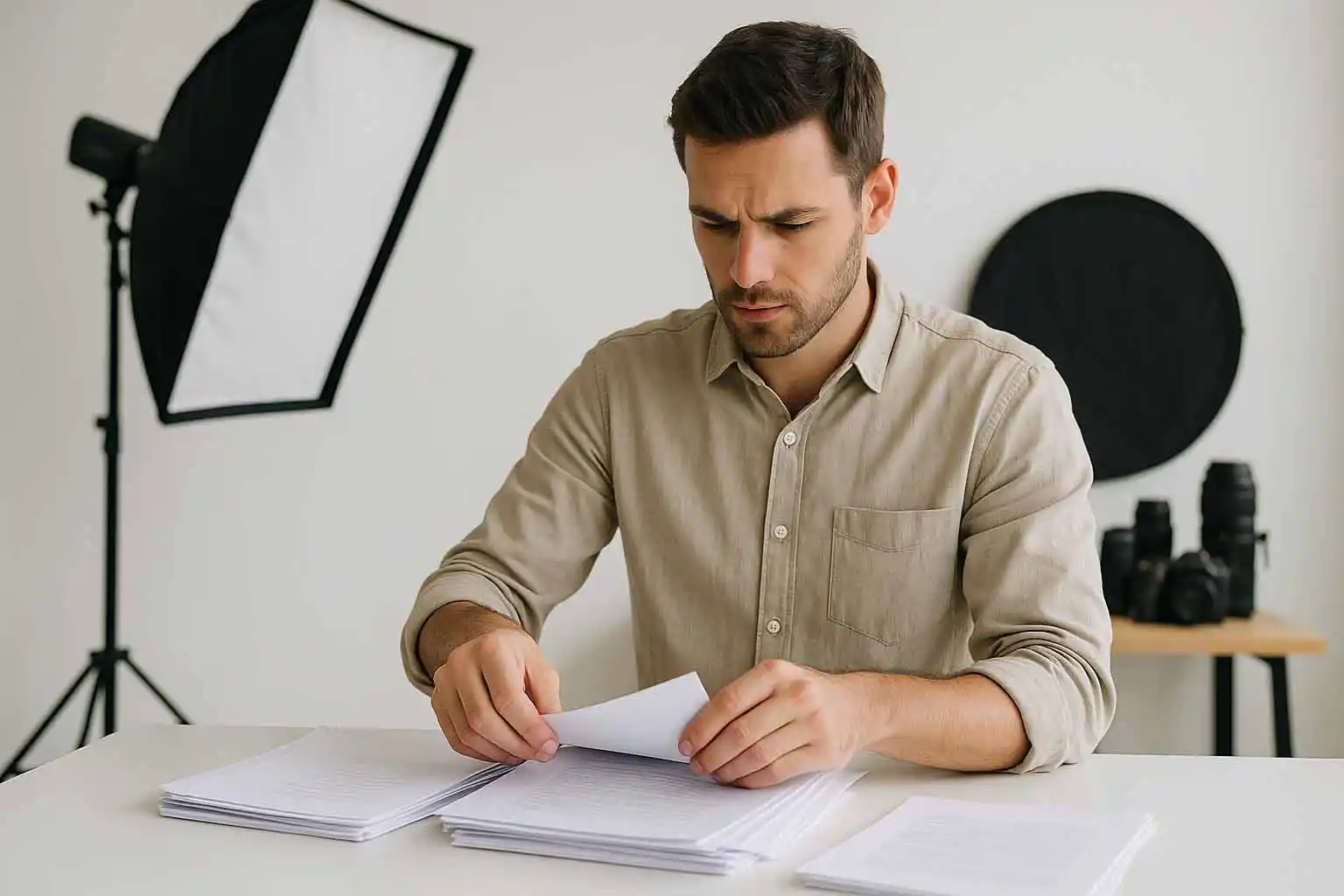 Fotograf sitzt am Tisch und prüft Dokumente und Unterlagen, im Hintergrund Studio-Equipment – Vorbereitung und Analyse vor einer Produktion