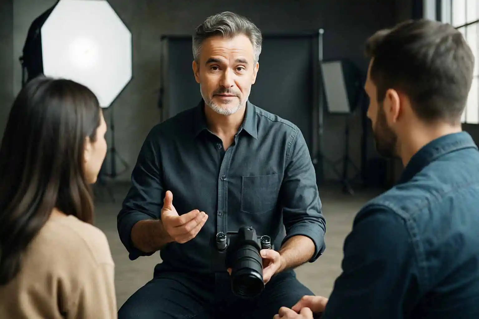 Fotograf erklärt ruhig einem Kunden und Team seine Vorgehensweise am Set, als Beispiel für souveräne Führung, Kommunikation und Kontrolle in stressigen Shooting-Situationen